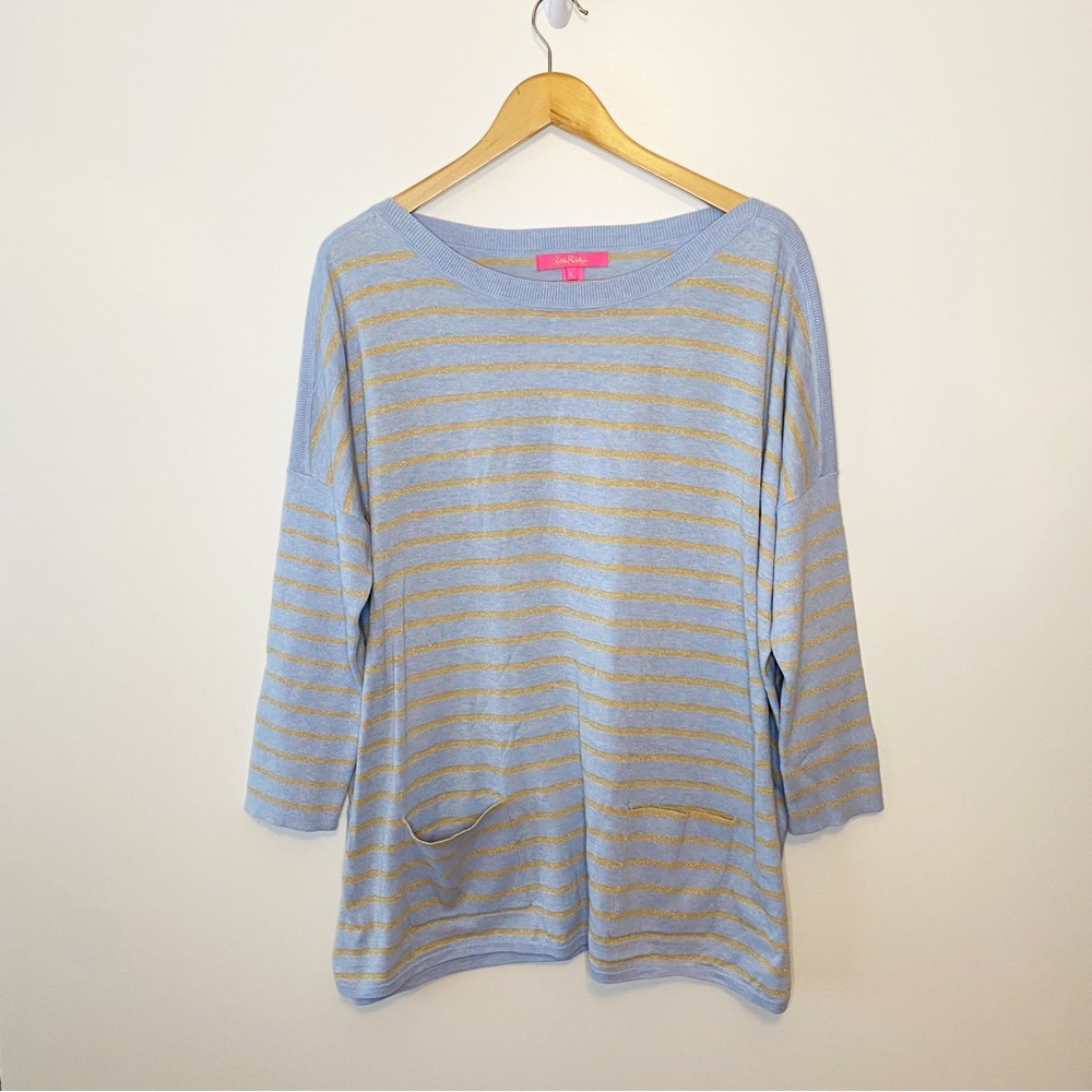 Lilly Pulitzer Cobo Sweatshirt Coastal Shell Stripe in Blue & Gold Size Large